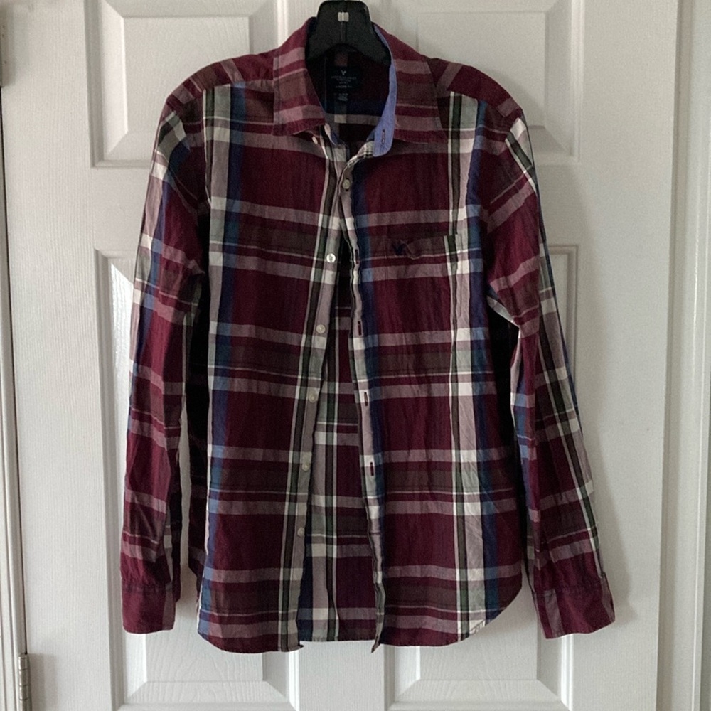 Men's Plaid Shirt - Burgundy and Green